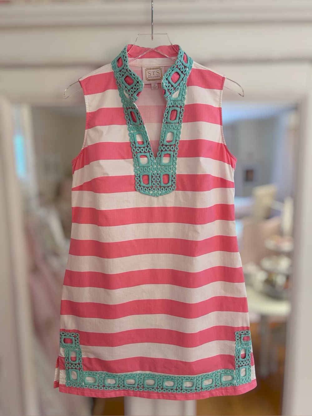Sail to Sable Sleeveless Pink & White Stripe Tunic Dress with Lace Trim
